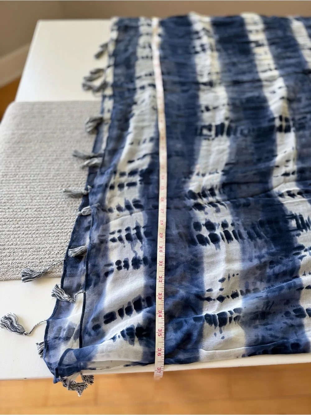 Vintage Navy and White Woven Tie-Dye Scarf Wrap with Tassels